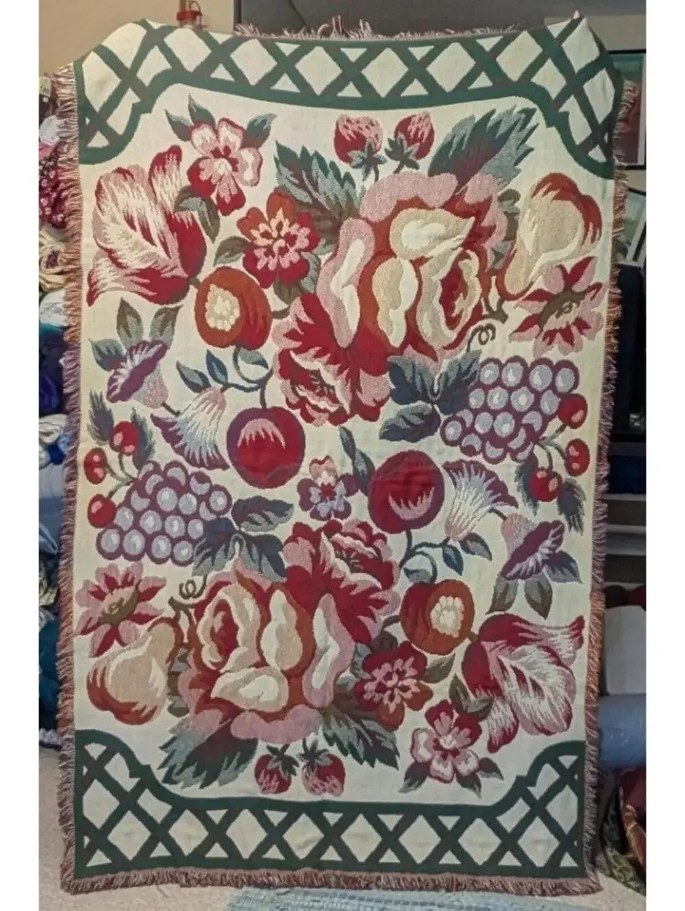 Vintage 46x70 Floral Fruit Woven Tapestry Throw Blanket Reversible Red Cream